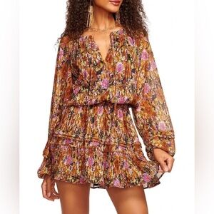 RAMY BROOK Metallic Floral Aaliyah Elastic Waist Mini Dress Black Brown Purple L